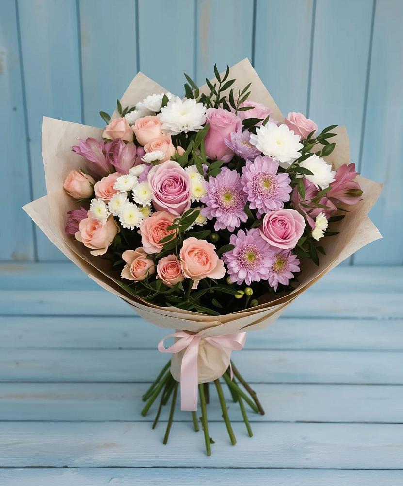 Букет цветов из: Хризантемы, Розы и Альстромерии в Усть-Калманке