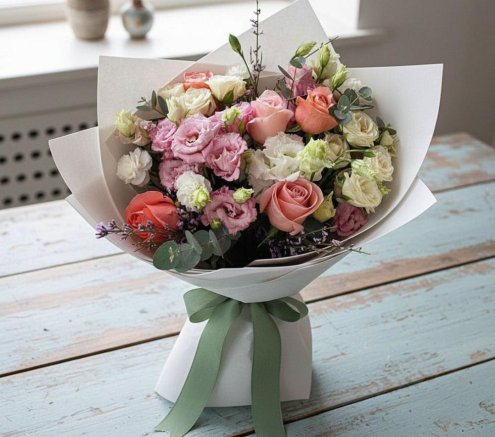 Букет цветов из: Розы, Лизиантусы и Гвоздики в Усть-Калманке