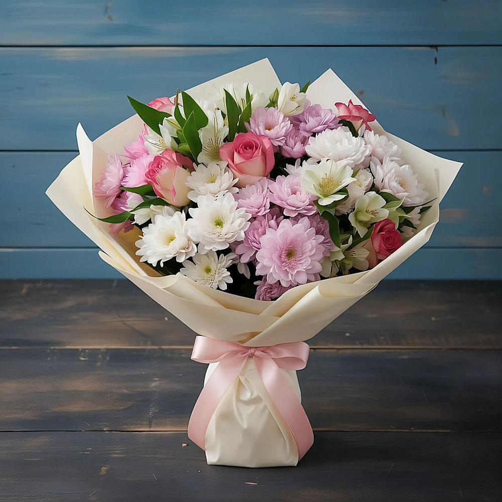 Букет цветов из: Хризантемы, Альстромерии и Розы в Усть-Калманке